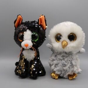 Ty Flippables JINX Sequin Halloween Cat & Gray Owl‎ Owlette 6" Glitter Eyes Lot
